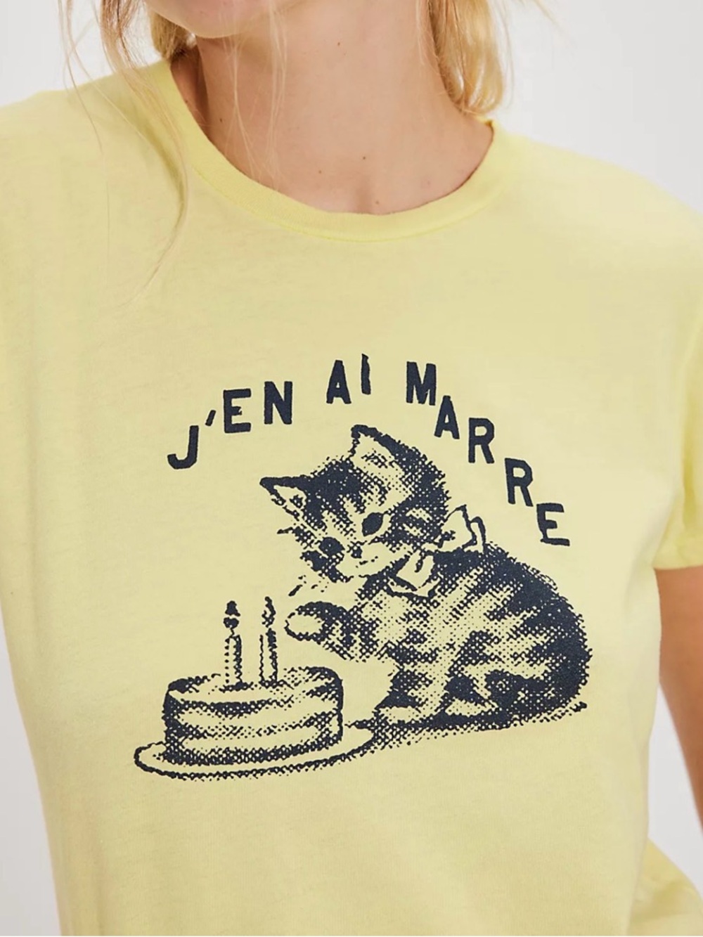 MOTHER Yellow Kitten Tee with Navy Print. “I’m over it” size S